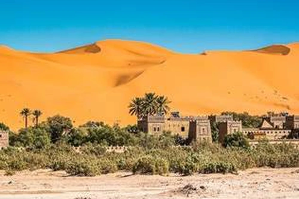 Desert scenery and tracks in the Erg Chebbi area near Merzouga